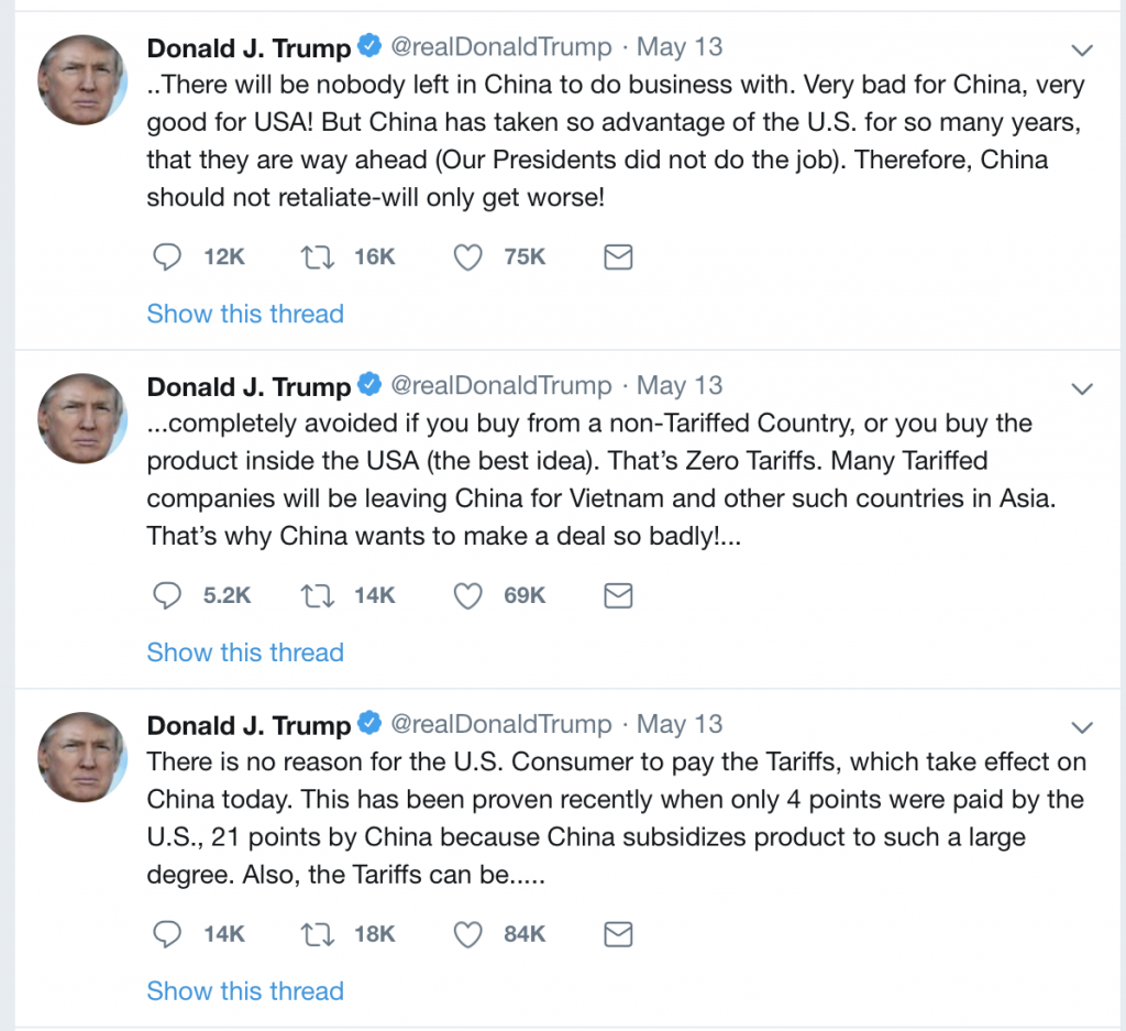 trump tweets regarding China-made products tariffs